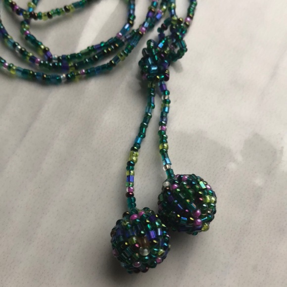 Tied Hand Beaded Green/Blue Necklace - Picture 3 of 4